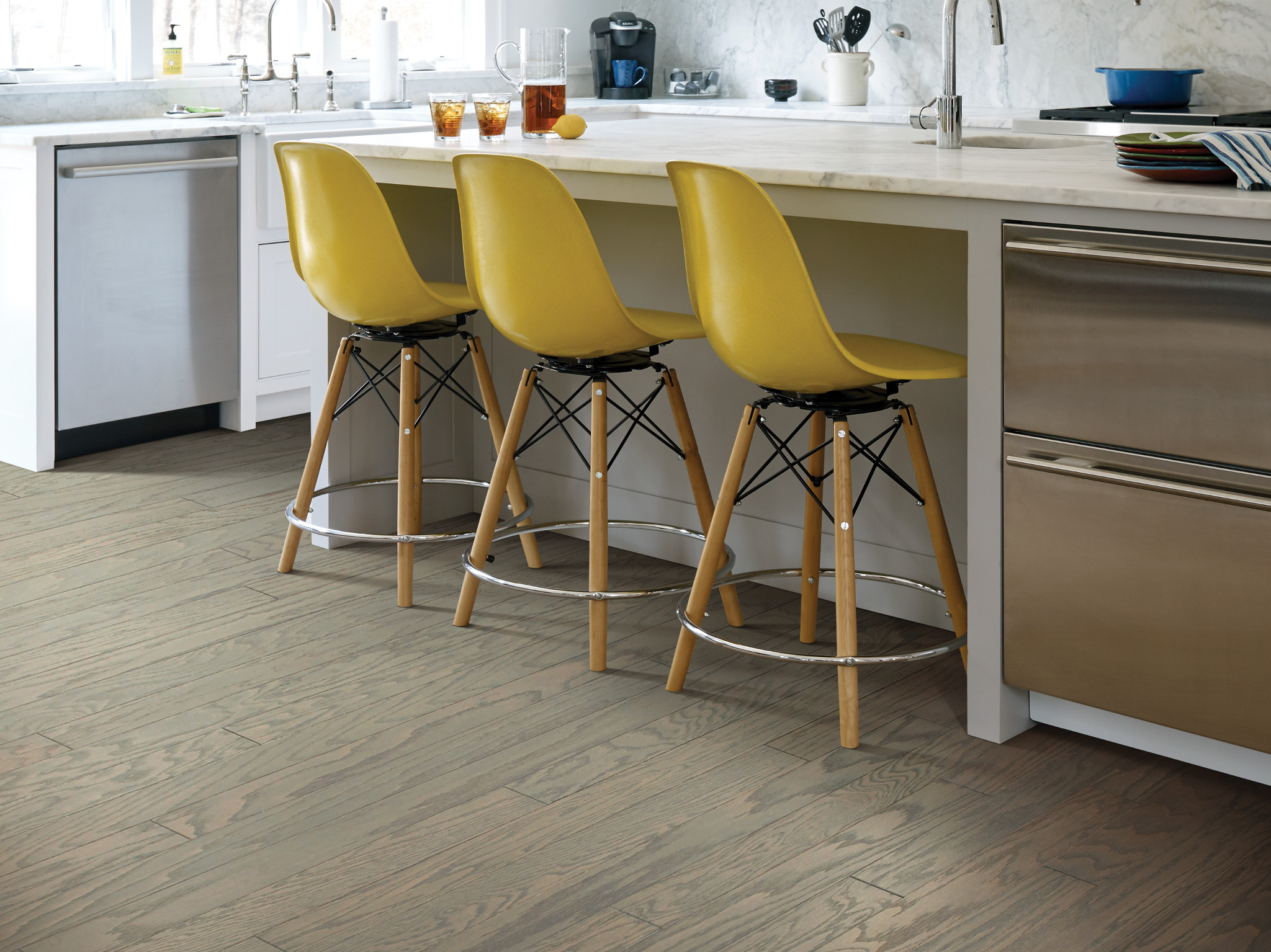 kitchen modern kitchen island yellow melamine chairs warm wood floors